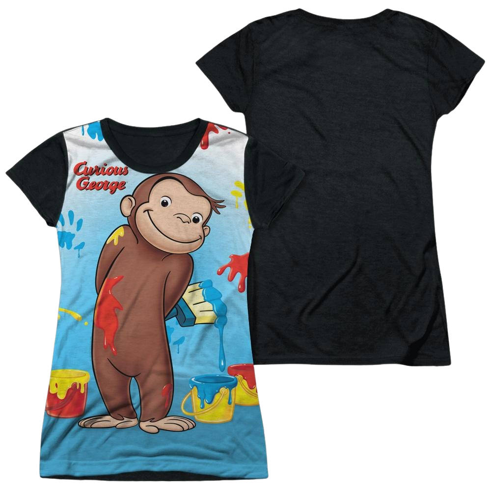 Curious George Paint All Over - Juniors Black Back T-Shirt