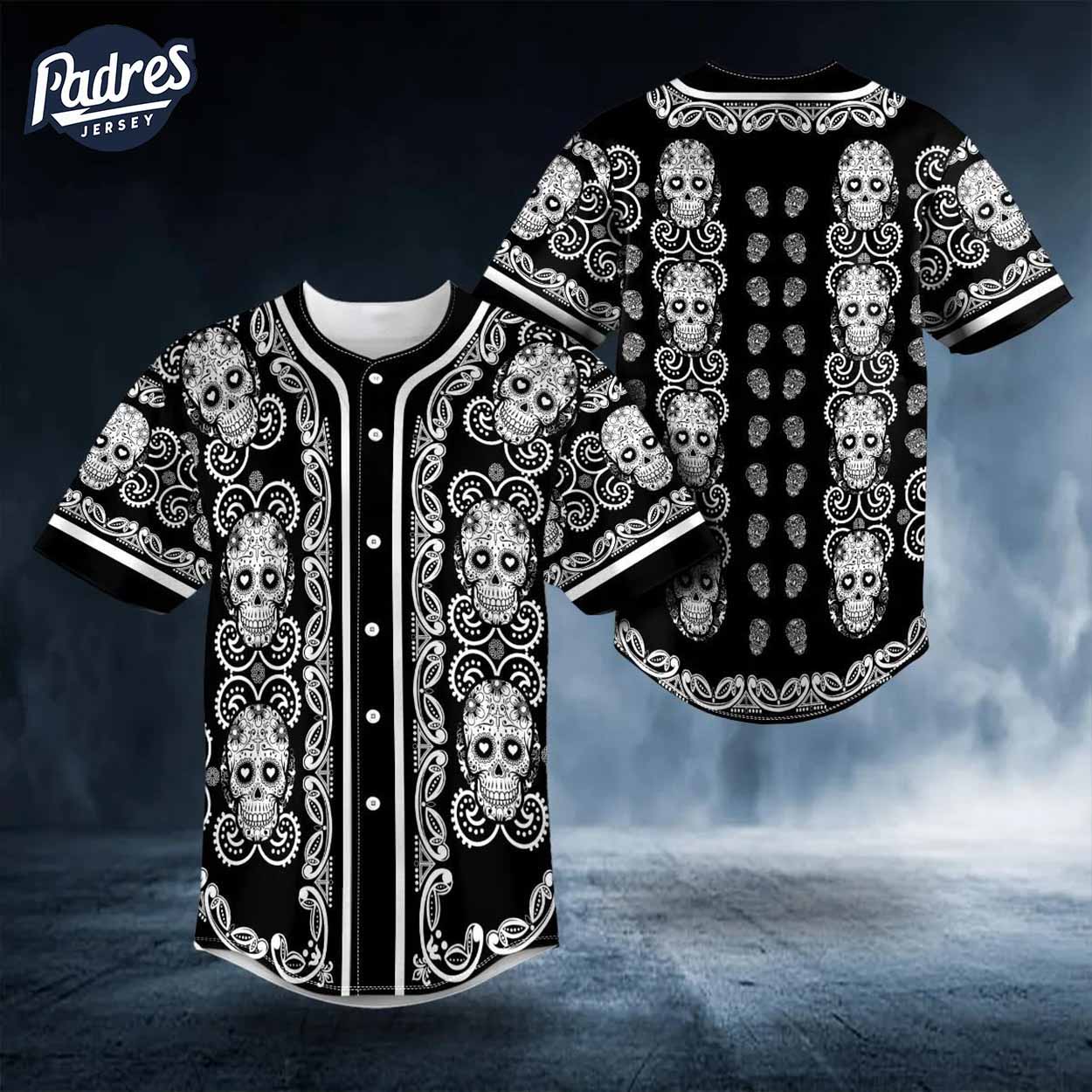 White Baseball Jersey Featuring Doodle Floral Sugar Skull Design - Padres Jersey Oasis: Elevate Your Baseball Style Game