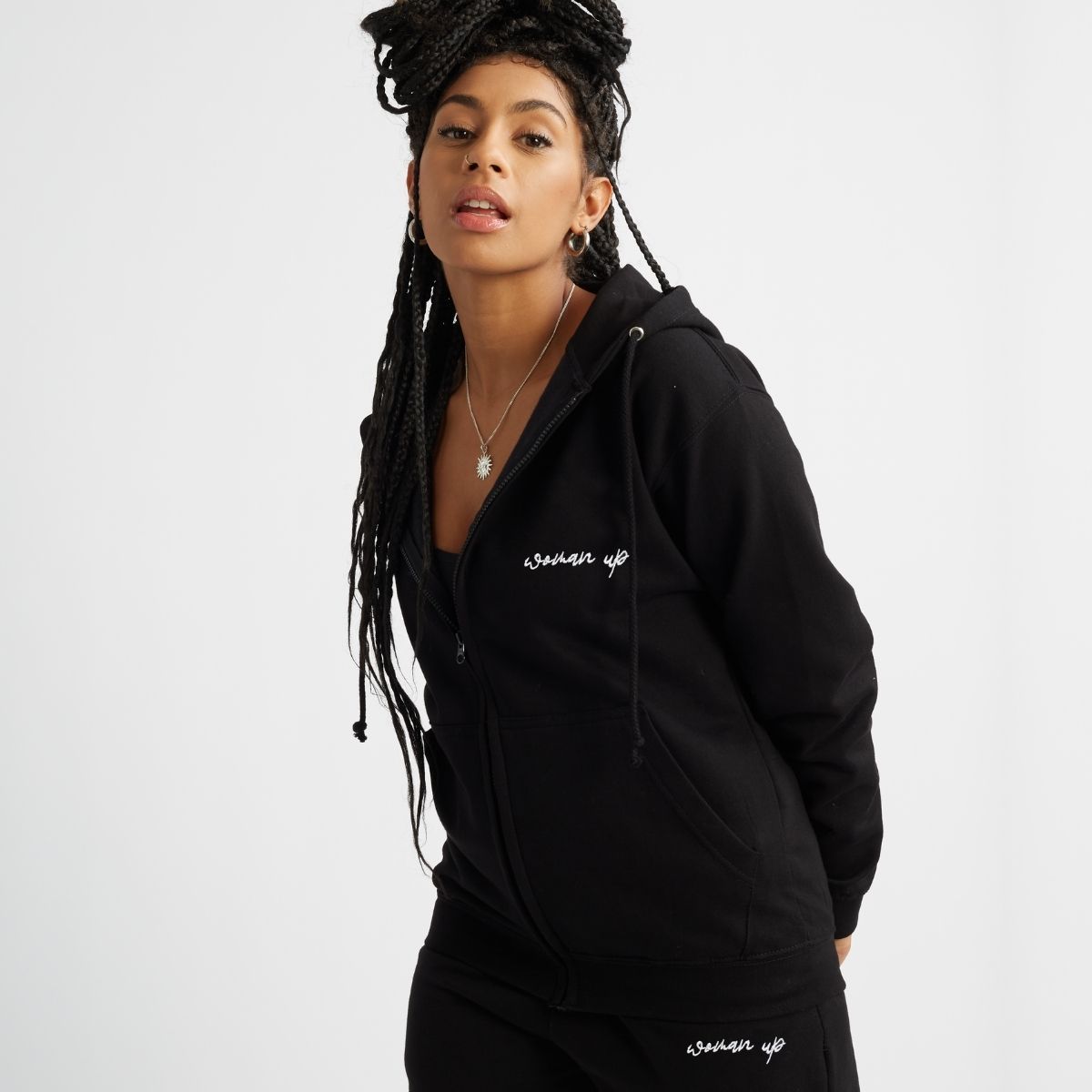 Woman Up Embroidered Detail Zipped Hoodie