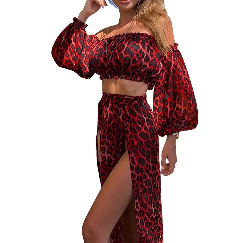 Women Bikini Cover Ups Set Off Shoulder Long Sleeve Crop Tops+Maxi Cover Up Skirt Two-piece Suit for Beach Mesh Swimwear Set Print Womenswear Chiffon Ladies