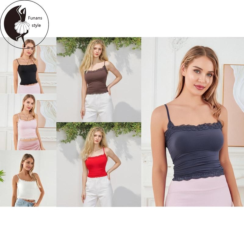 Women Crop Camisole Casual Summer Lace Patchwork Spaghetti Straps Tank Tops Sleeveless T-Shirt for Club Streetwear