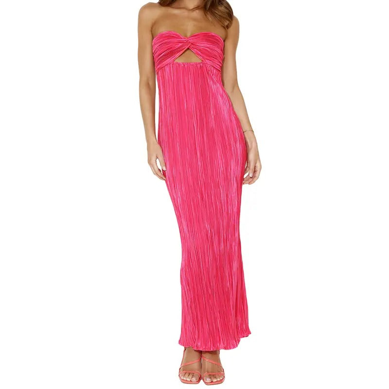 Women Long Bodycon Dress Solid Color Strapless Cutout Ruched Boat Neck Backless Tube Dress Summer Party Dress
