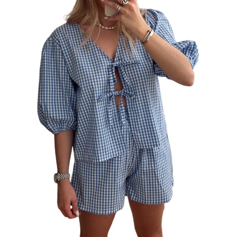 Women Shorts Set, Short Sleeve V Neck Tie-up T-shirt with Elastic Waist Shorts Plaid Summer Outfit Fashion Womenswear
