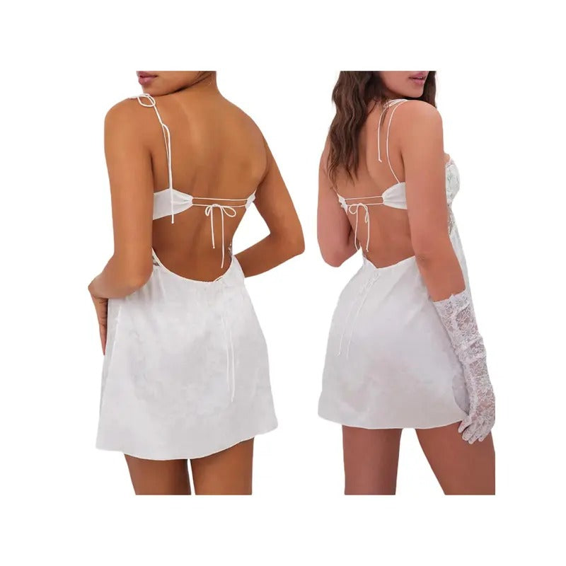 Women Sling Dress, Spaghetti Straps Backless Lacing Flower Patchwork Slit Summer Mini Dress Casual Light