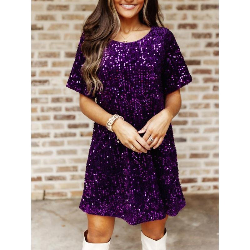 Women Summer Casual Dress Sequins Crew Neck Short Sleeve Mini Dress Fashion Loose Party Dress Polyester Womenswear