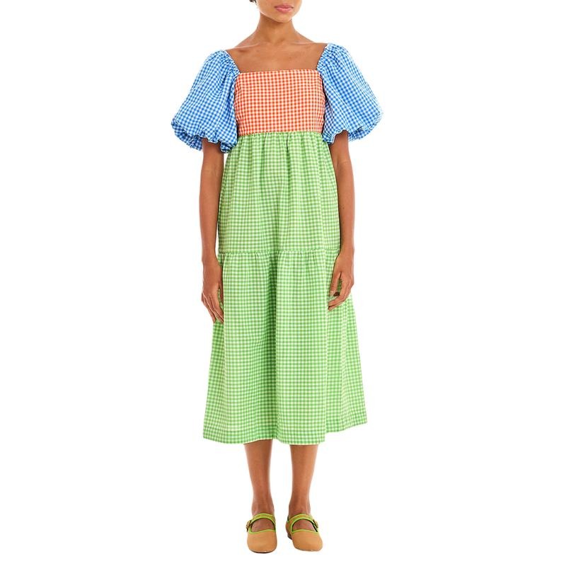 Women Summer Midi Dress Short Puff Sleeve Square Neck Open Back Tie Up Plaid Dress Casual Cotton