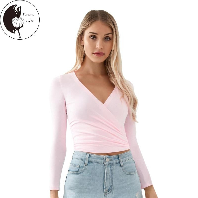 Women T-shirt Long Sleeve V Neck SolidFit Ladies Tops Clubwear for Daily Party