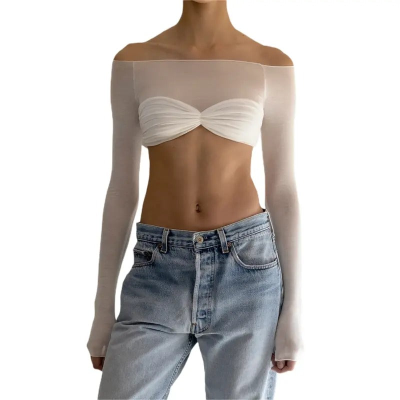 Women T-shirt, Long Sleeve Off-shoulder Pleated See-through Patchwork Ladies Crop Top Light Womenswear