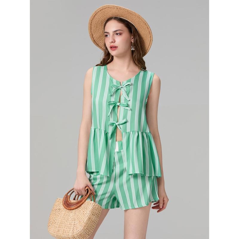 Women's 2 Piece Summer Set, Striped Open Front Tie-Up Ruffle Tank Tops Elastic Waist Casual Shorts Cotton Lady