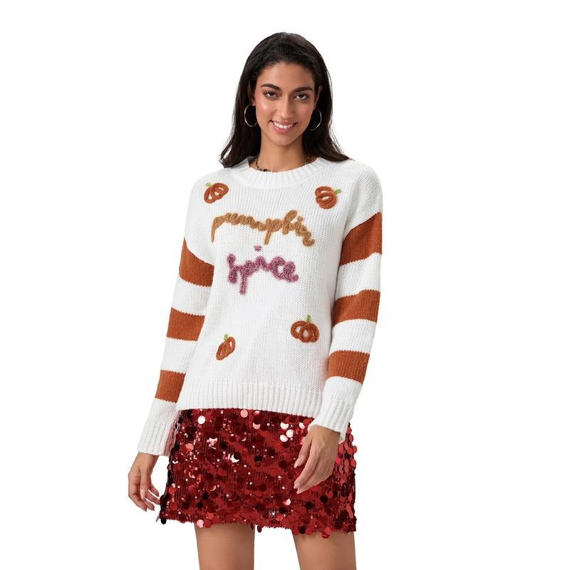 Women's Autumn Loose Sweater Stripe Long Sleeve Round Neck Pumpkin Letter Knitwear Pullover