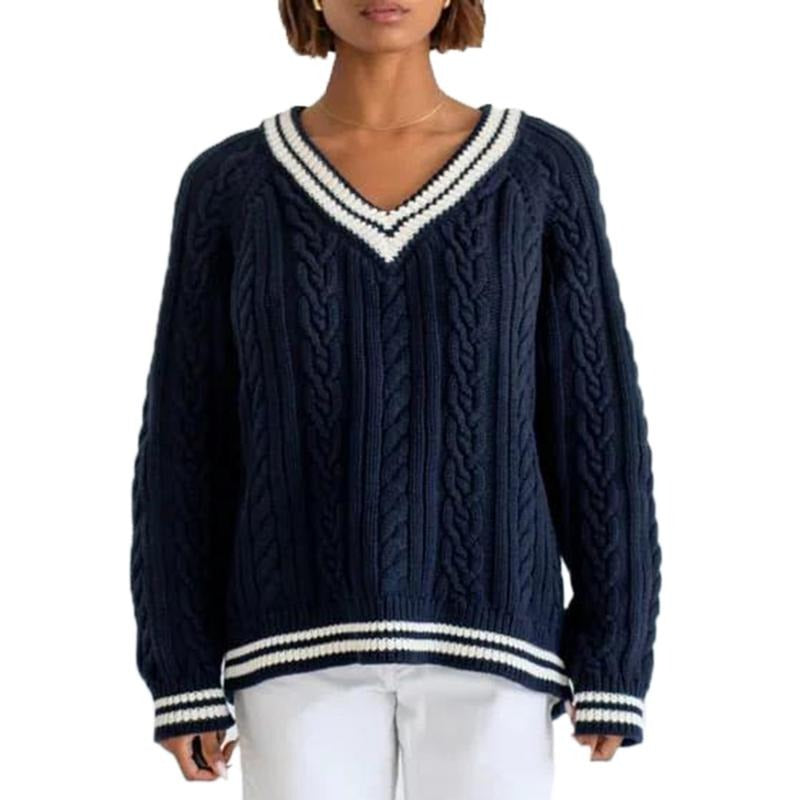 Women's Cable Knit Sweater Loose Contrast Trim V Neck Long Sleeve Pullover Tops for Fall Winter