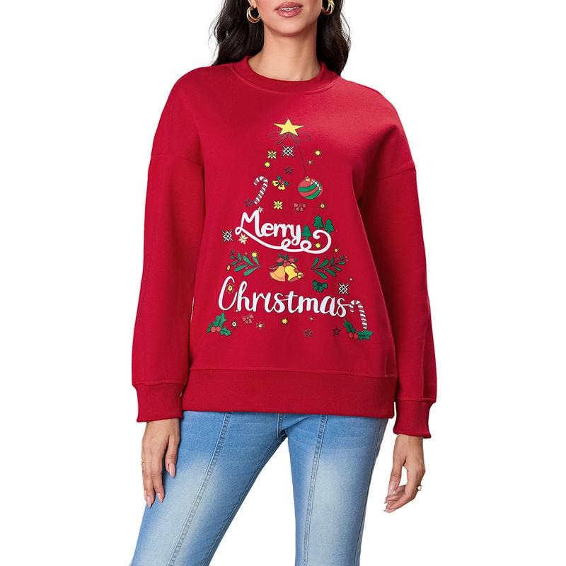 Women's Christmas Print Sweatshirt Drop Shoulders Long Sleeve Casual Pullover Tops