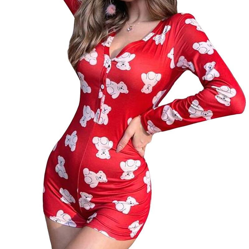 Women's Christmas Romper Pajamas Cute Bear Print Long Sleeve Henley Jumpsuit Shorts Sleepwear