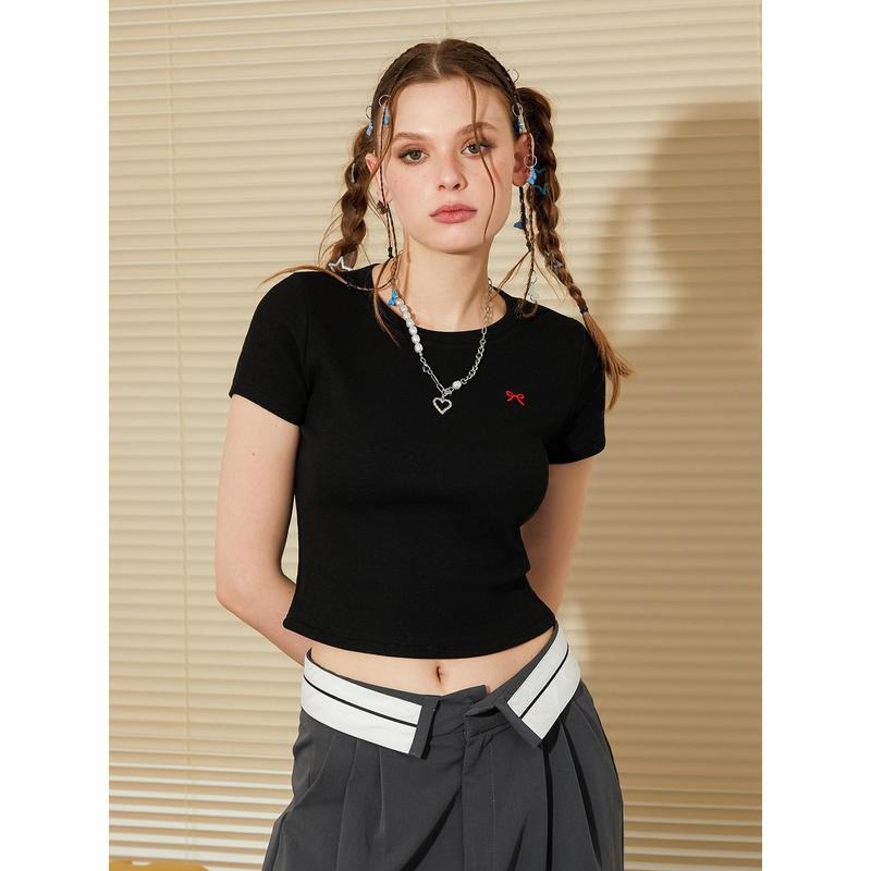Women's Crop Tops Tight Fitted Round Neck Short Sleeve Cute Bow Embroidery Ribbed T-Shirts Tops for Summer Lady Womenswear