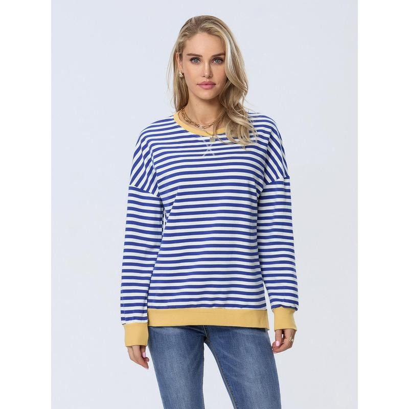Women's Loose Sweatshirts Stripe Contrast Color Crew Neck Long Sleeve Pullovers Fall Winter Loose Casual Tops Womenswear Check