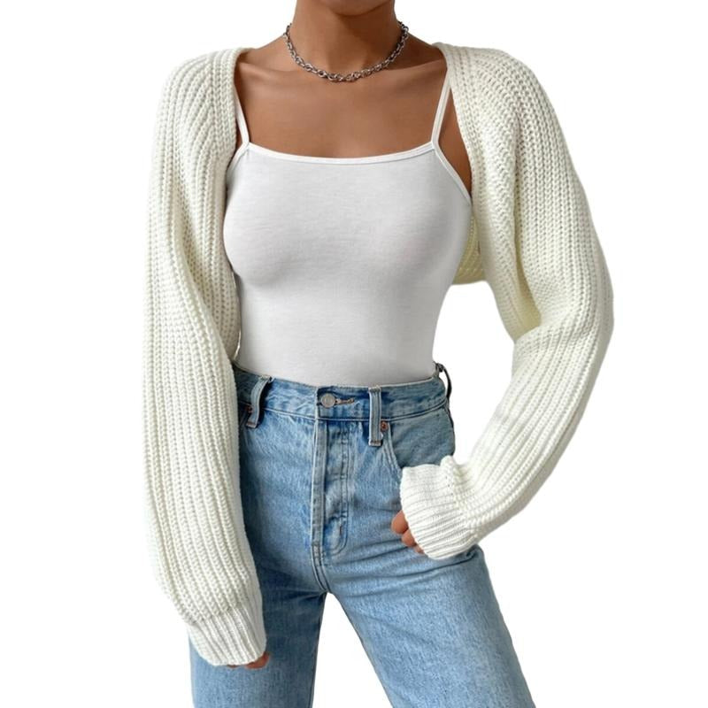 Women's Open Front Cropped Cardigan Long Sleeve Solid Color Ribbed Knit Shrug Sweater Bolero Tops Knitwear Womenswear