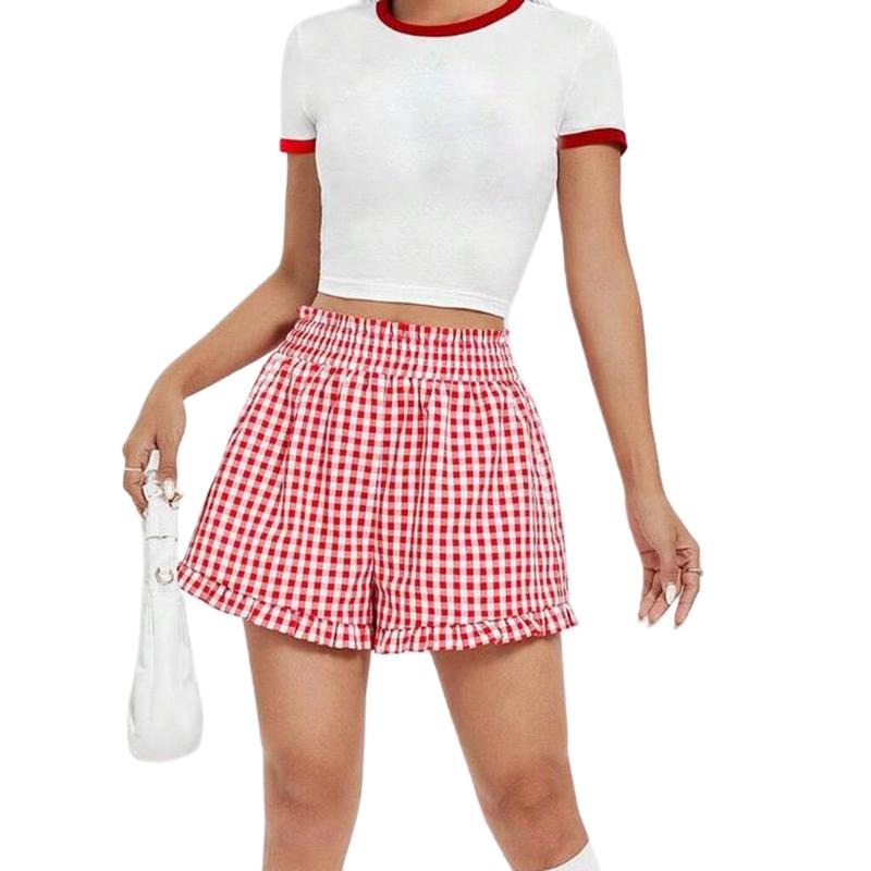 Women's Plaid Shorts Casual Loose Fitting Elastic Waist Shirred Ruffled Trim Short Pants Lounge Shorts