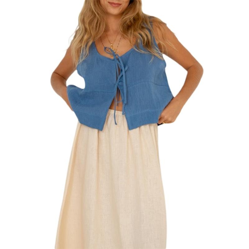 Women's Solid Color Tank Tops Casual Sleeveless V Neck Tie-up Front Tops Summer Shirts Basic Womenswear