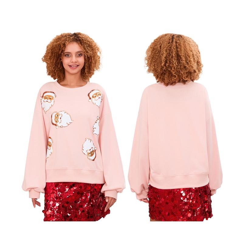 Womens Christmas Sweatshirt Sequin Santa Crew Neck Lantern Sleeve Pullover Tops Casual Streetwear