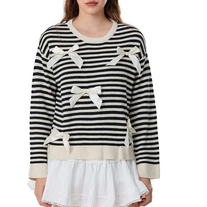 Womens Striped Sweatshirt 3D Bow Crew Neck Long Sleeve Pullover Tops Casual Streetwear