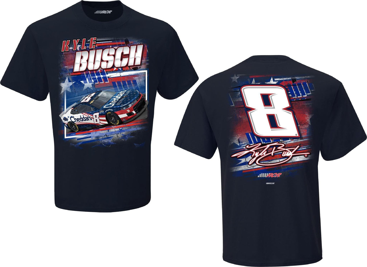 KYLE BUSCH #8 CHEDDAR'S PATRIOTIC NAVY 2-SPOT CAR TEE