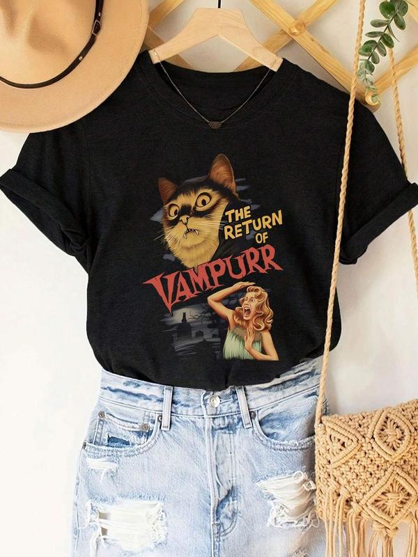 Women's Halloween Cartoon Cat & Letter Print Round Neck Tee, Fashion Casual Short Sleeve T-shirt for Daily Wear, Ladies Summer Clothes