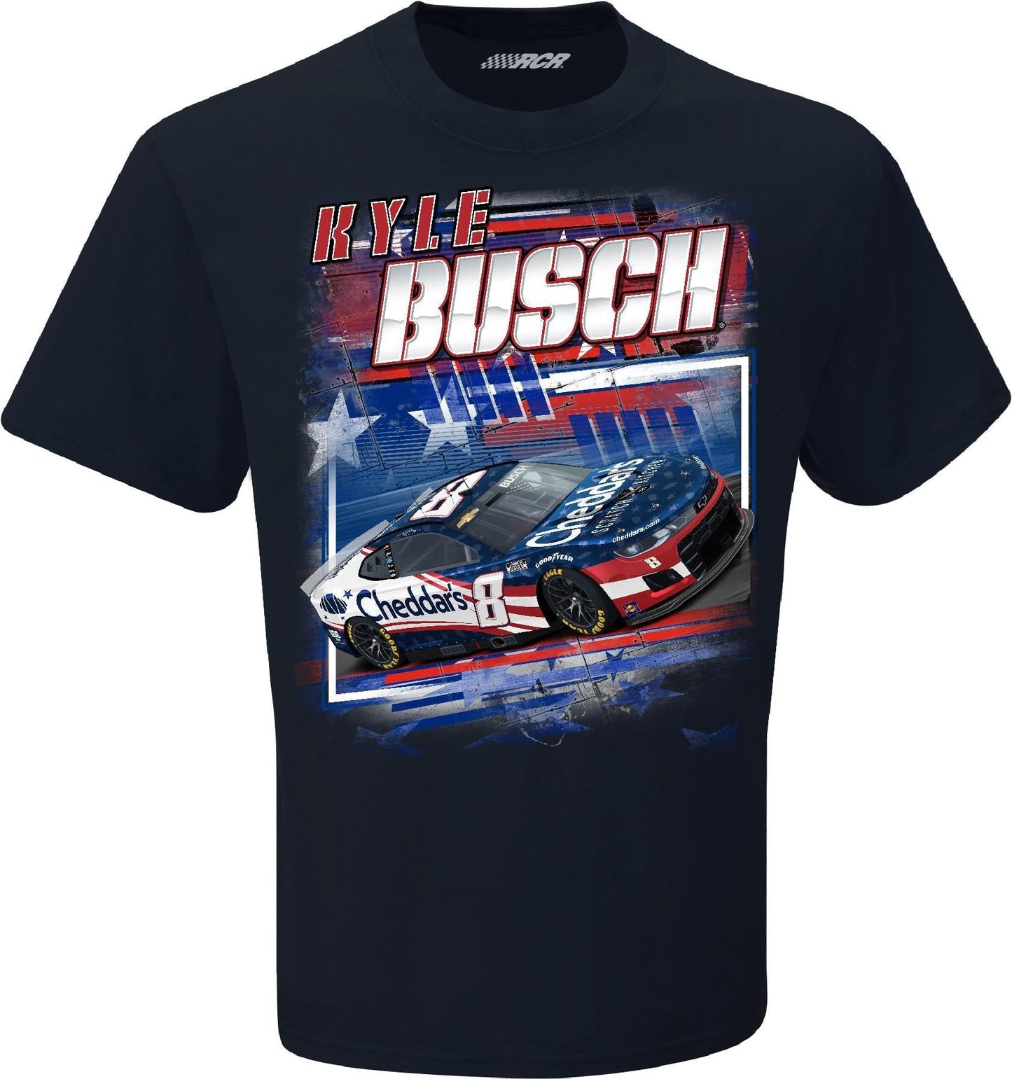 KYLE BUSCH #8 CHEDDAR'S PATRIOTIC NAVY 2-SPOT CAR TEE
