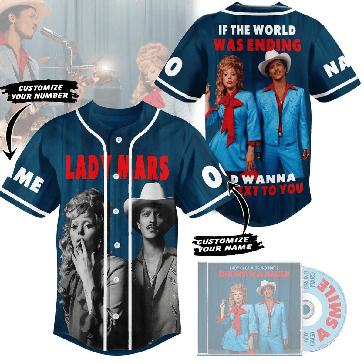 Beautiful Lady Gaga x Bruno Mars Die With A Smile Custom Baseball Jersey