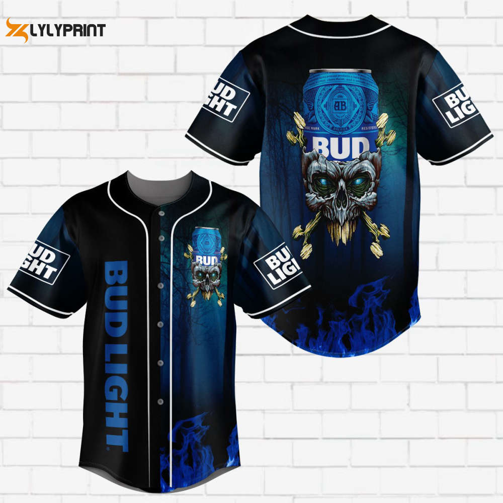 Bud Light Flowery Skull Blue Flame All Over Print Unisex Baseball Jersey - lylyprint.com