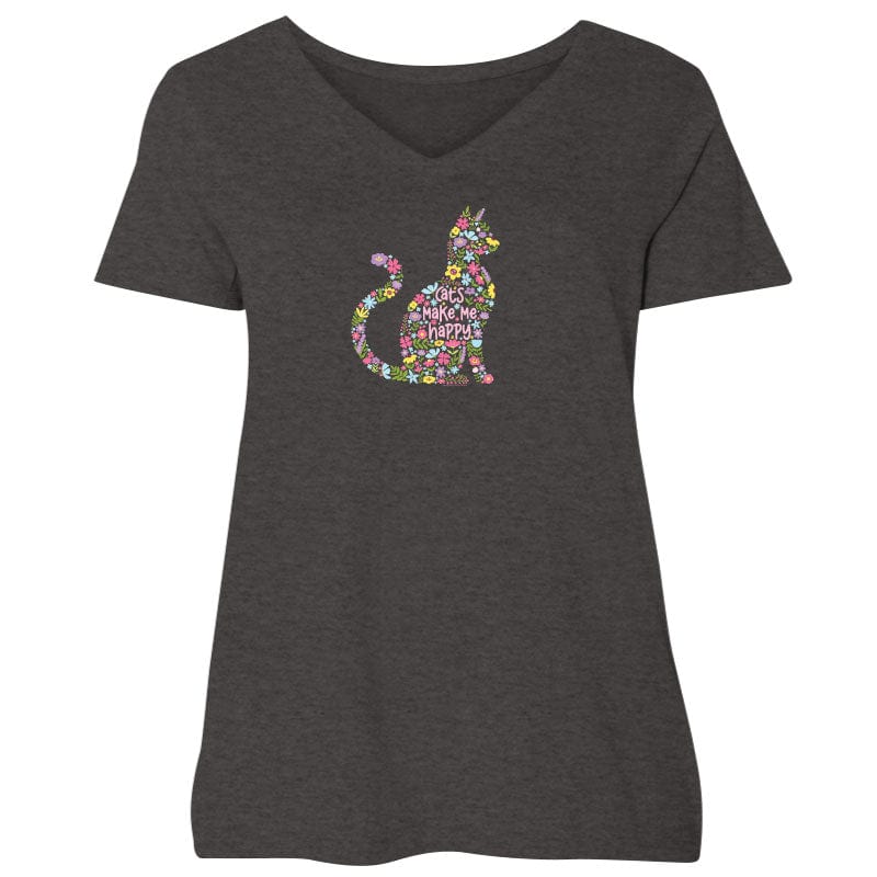 Cats Make Me Happy - Ladies Curvy V-Neck Tee