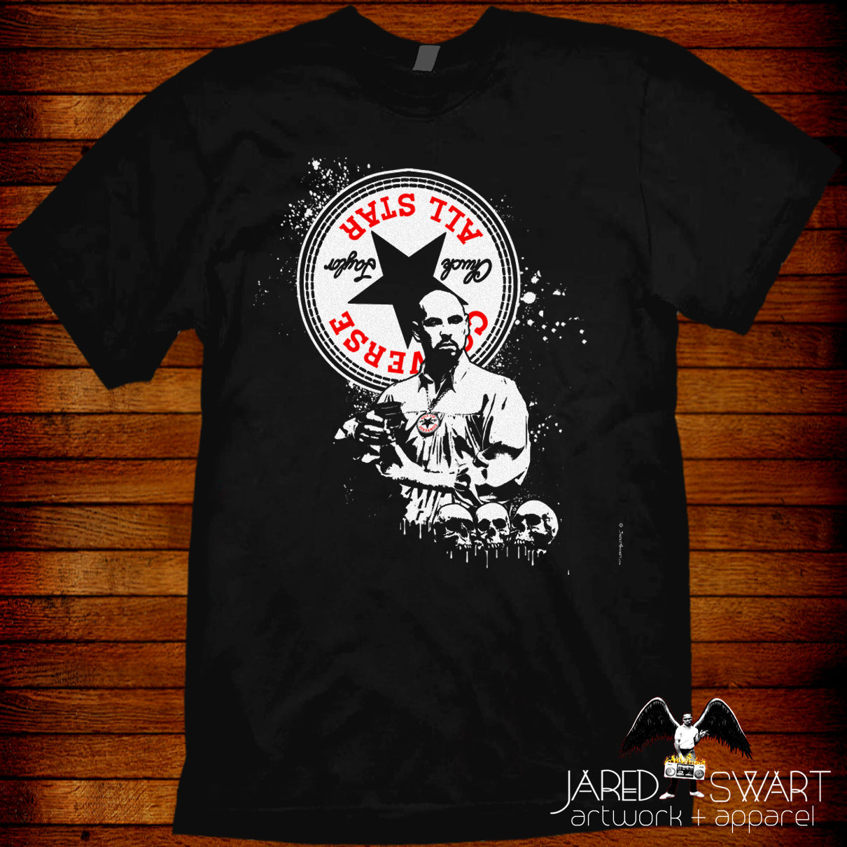Anton Lavey Converse Chuck Taylor mash-up parody T-shirt
