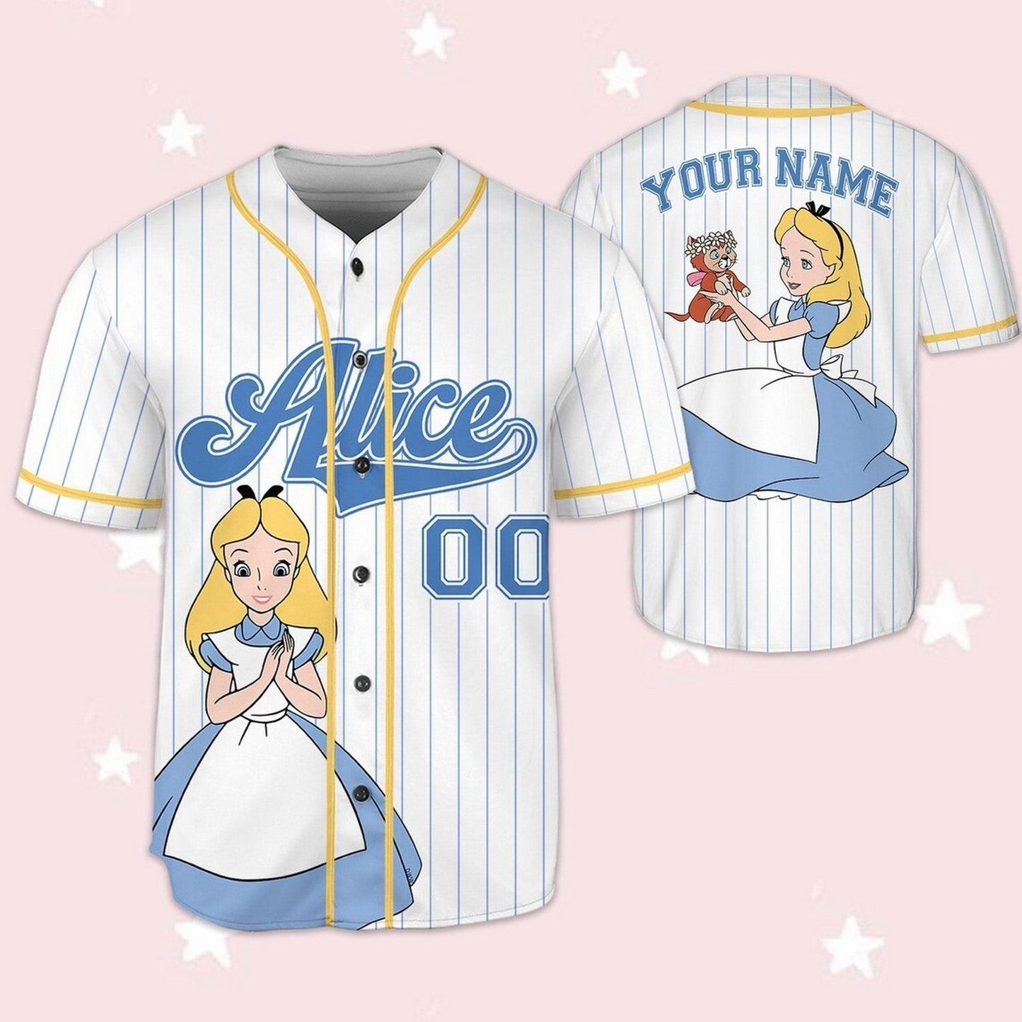 Custom Name And Number Alice In Wonderland Stripes White Baseball Jersey