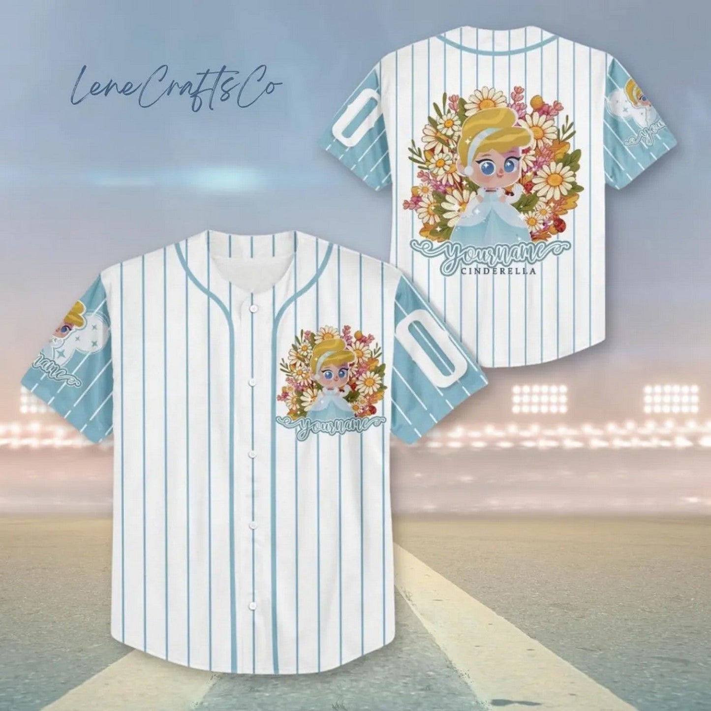 Custom Name And Number Cinderella Princess And Flower Striped Blue White Baseball Jersey