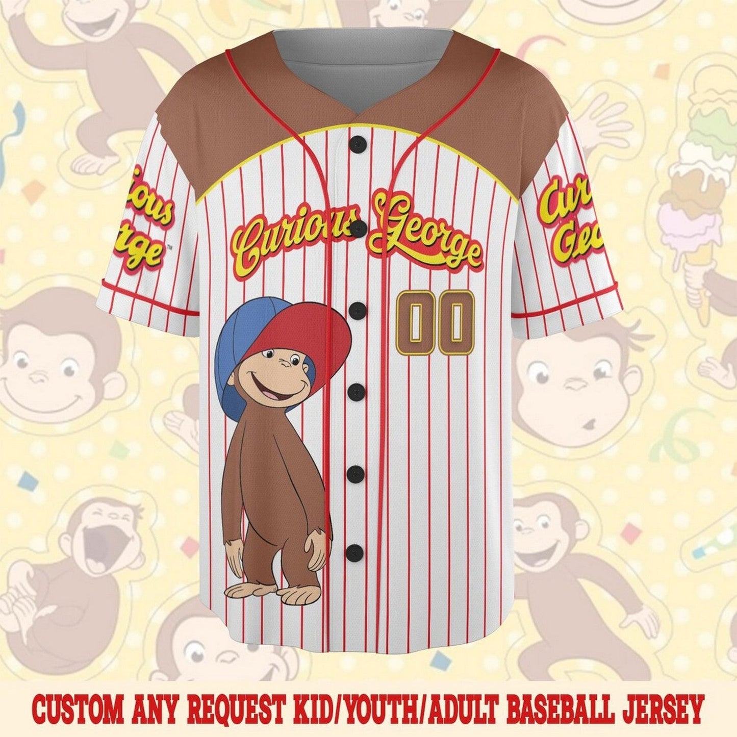 Custom Name And Number Curious George Birthday Baseball Jersey