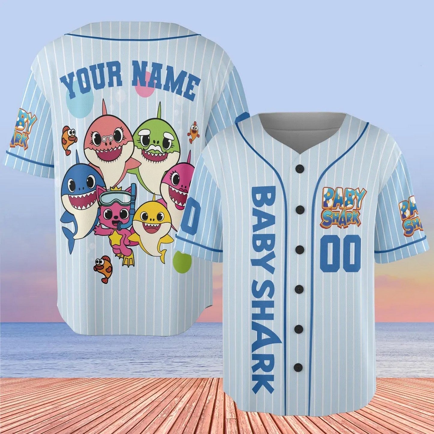 Custom Name And Number Cute Baby Shark Blue Baseball Jersey