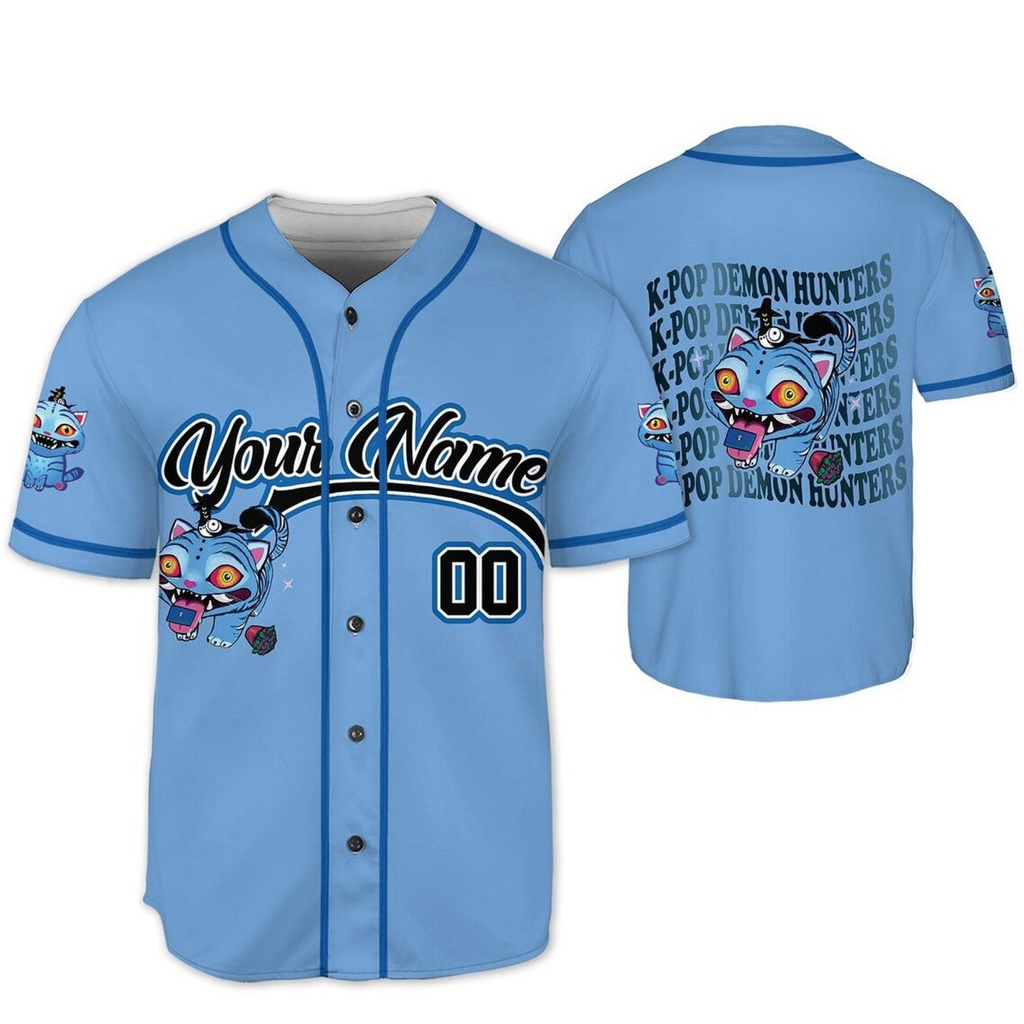 Custom Name And Number Kpop Demon Hunter Tiger Blue Baseball Jersey