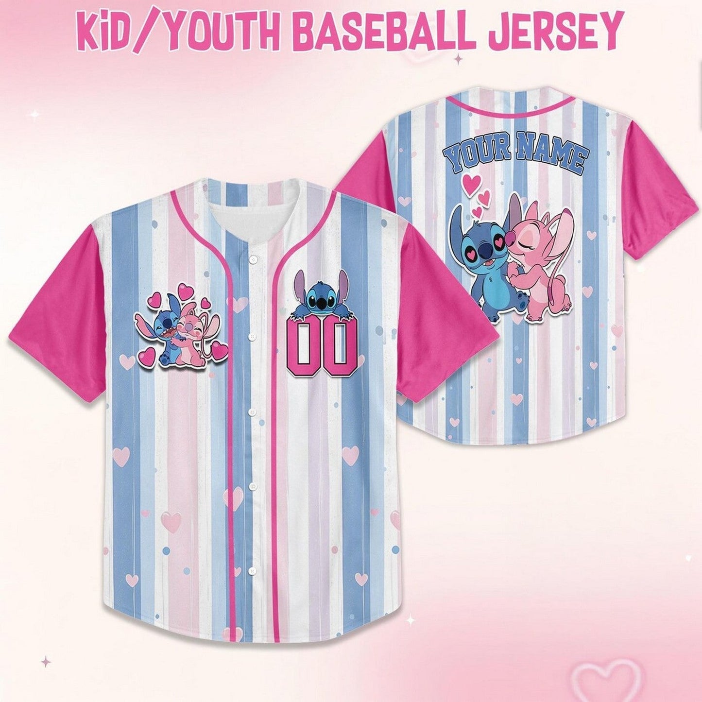 Custom Name And Number Lovely Stitch And Angel Colorful Vertical Baseball Jersey