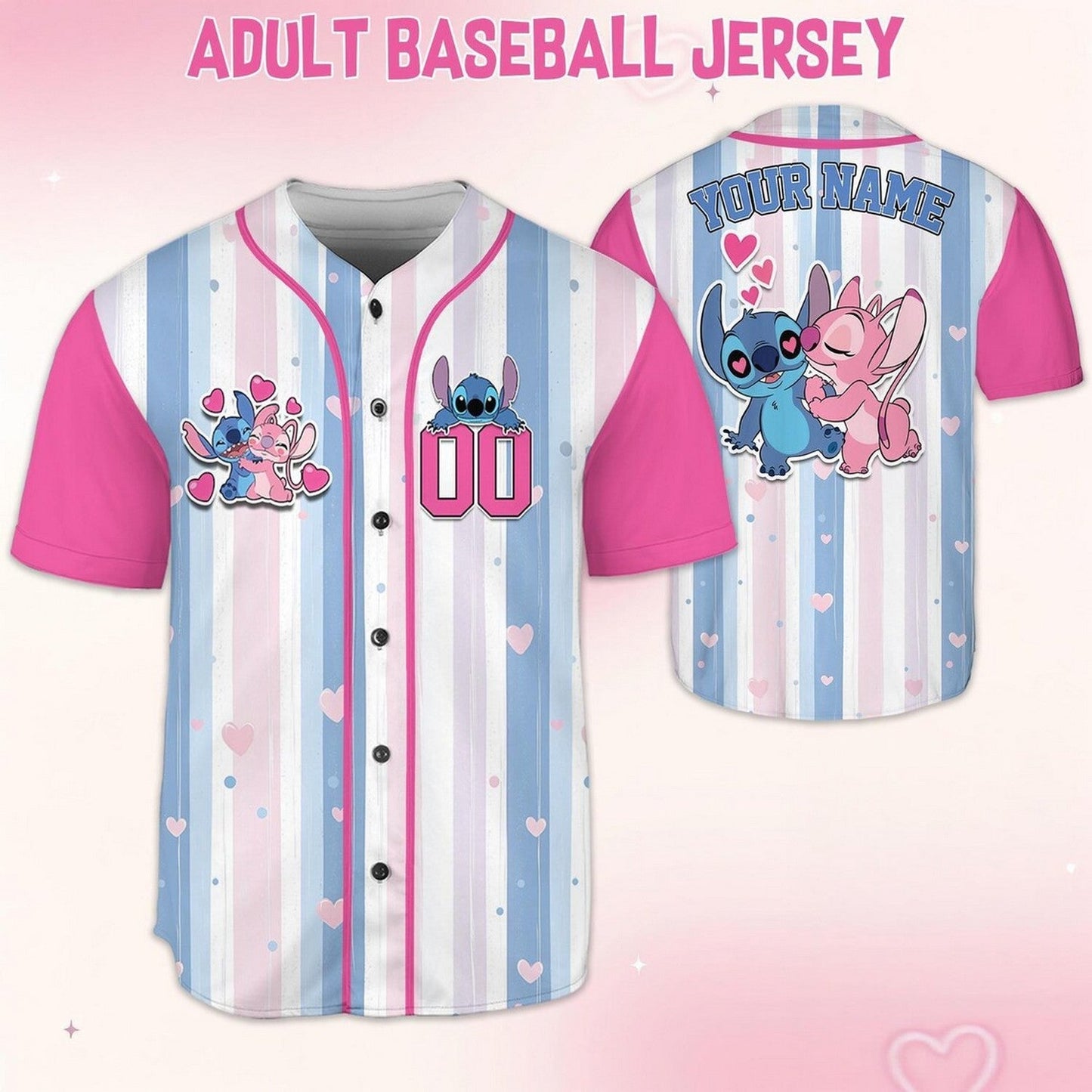 Custom Name And Number Lovely Stitch And Angel Colorful Vertical Baseball Jersey