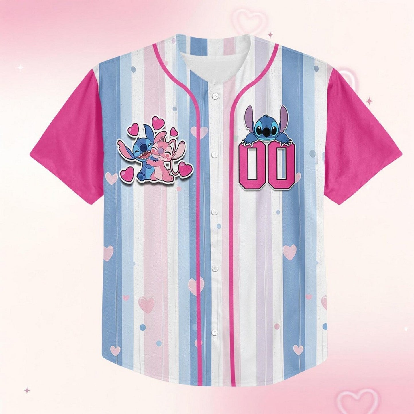 Custom Name And Number Lovely Stitch And Angel Colorful Vertical Baseball Jersey