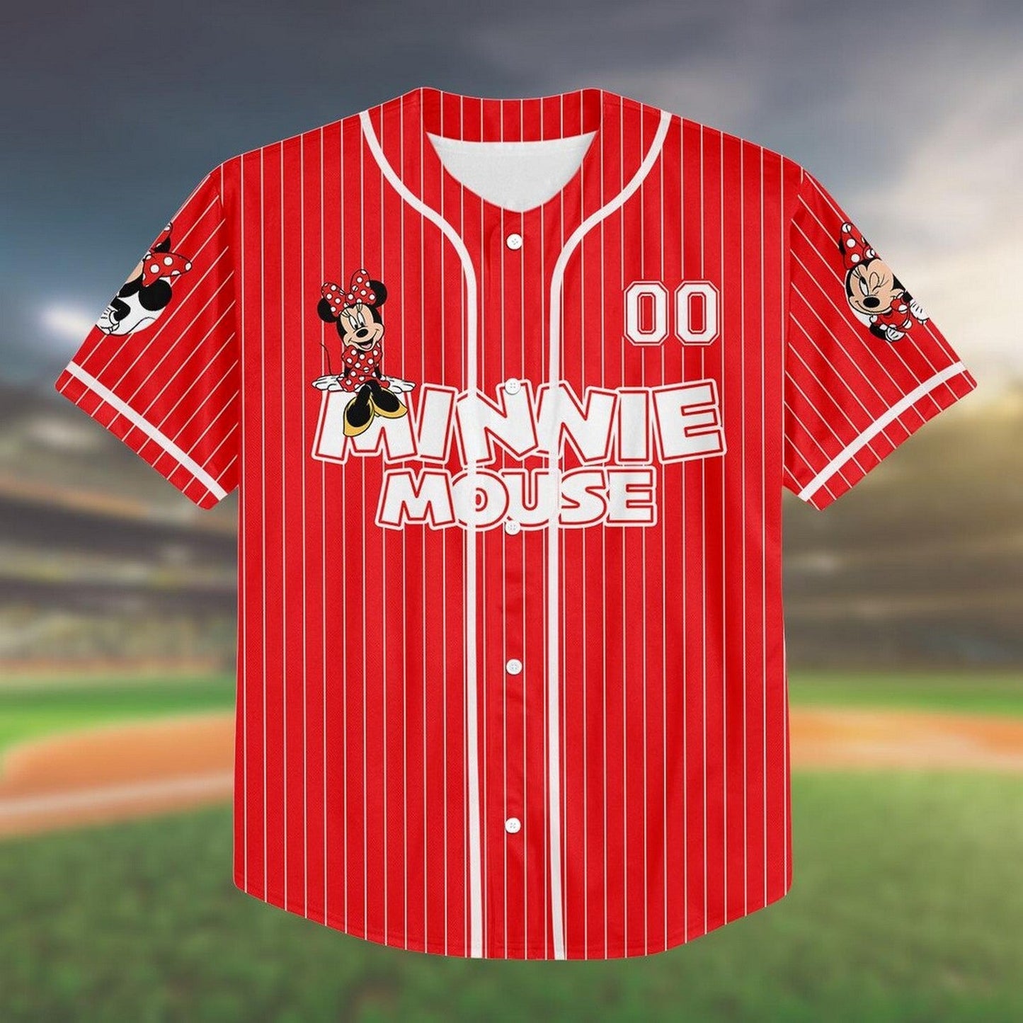 Custom Name And Number Minnie Mouse Stipes Red Baseball Jersey