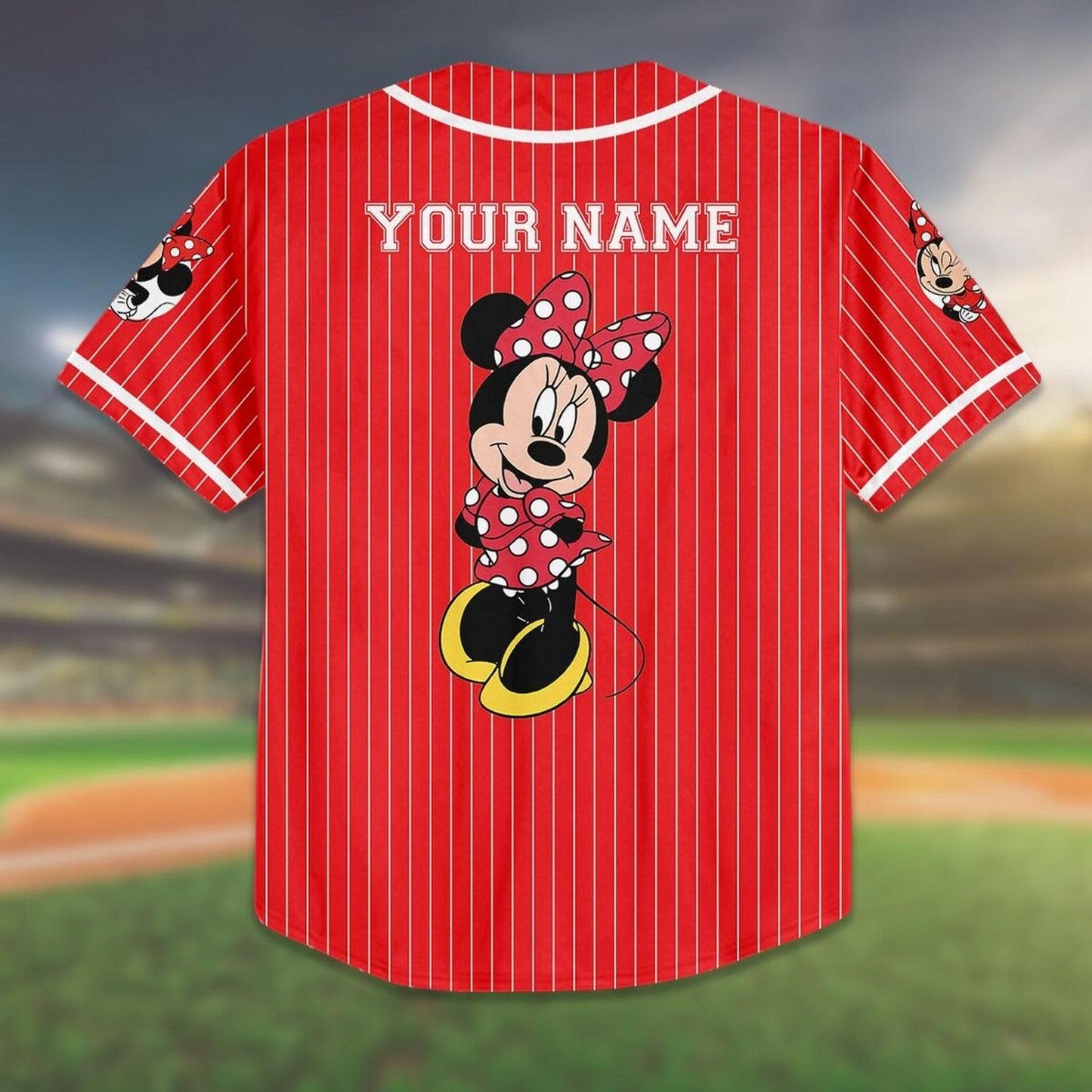 Custom Name And Number Minnie Mouse Stipes Red Baseball Jersey