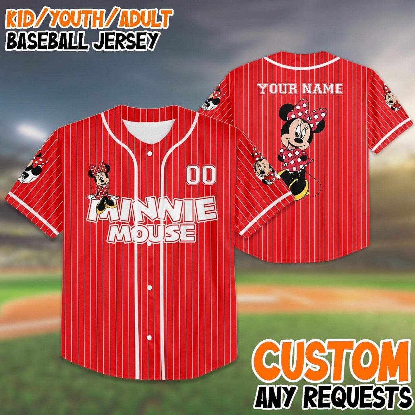 Custom Name And Number Minnie Mouse Stipes Red Baseball Jersey