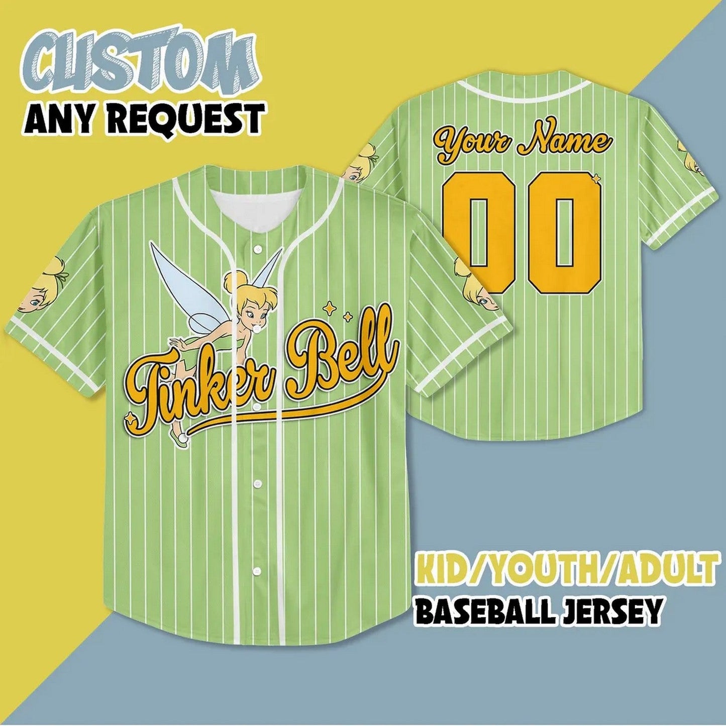 Custom Name And Number Tinker Bell Green Vertical Baseball Jersey