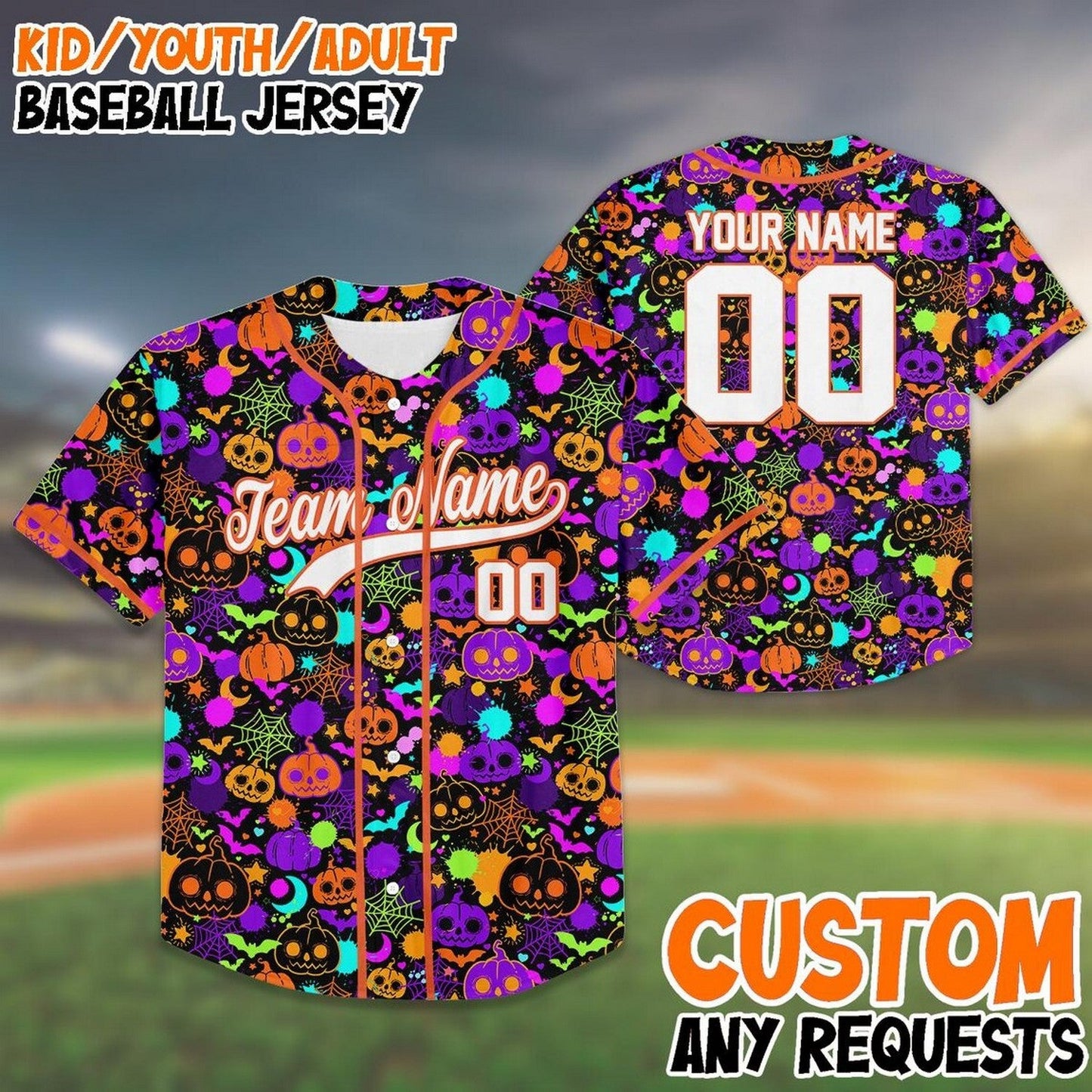 Custom Name And Number Tiny Colorful Neon Pumpkins Pattern Baseball Jersey