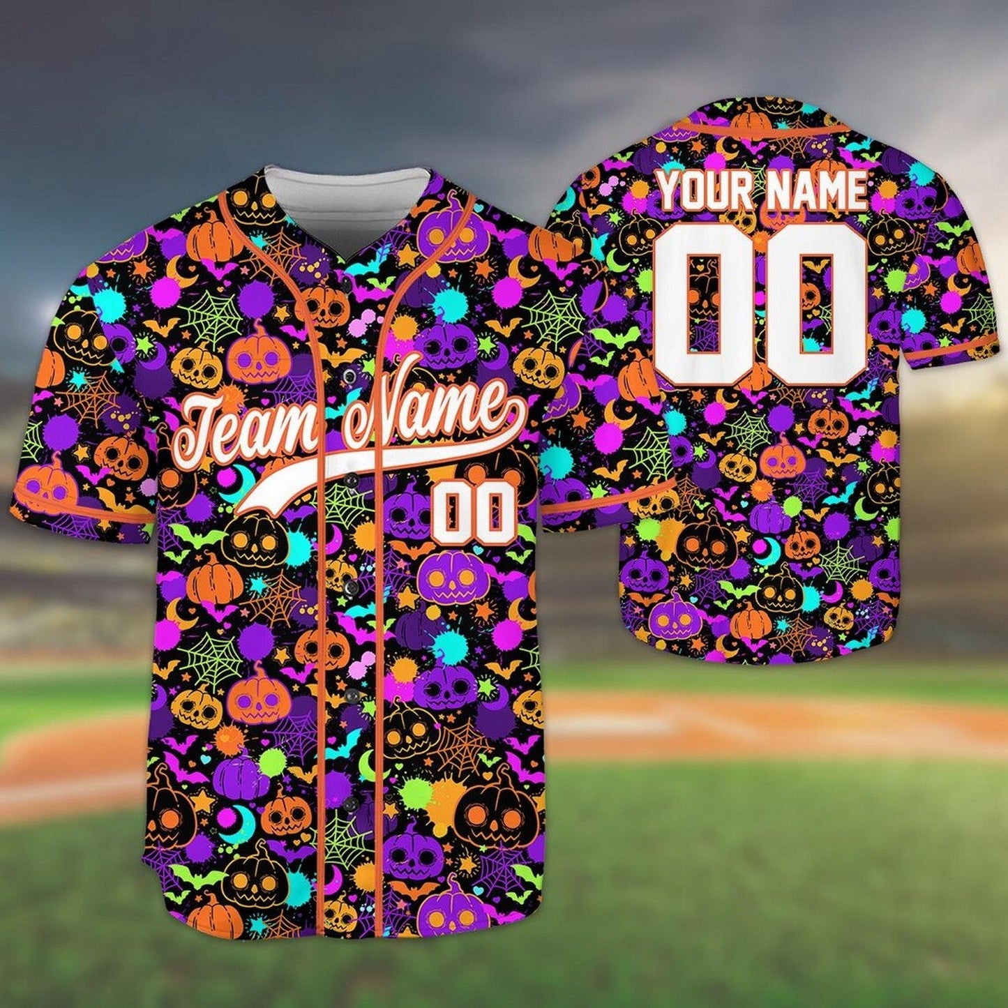 Custom Name And Number Tiny Colorful Neon Pumpkins Pattern Baseball Jersey