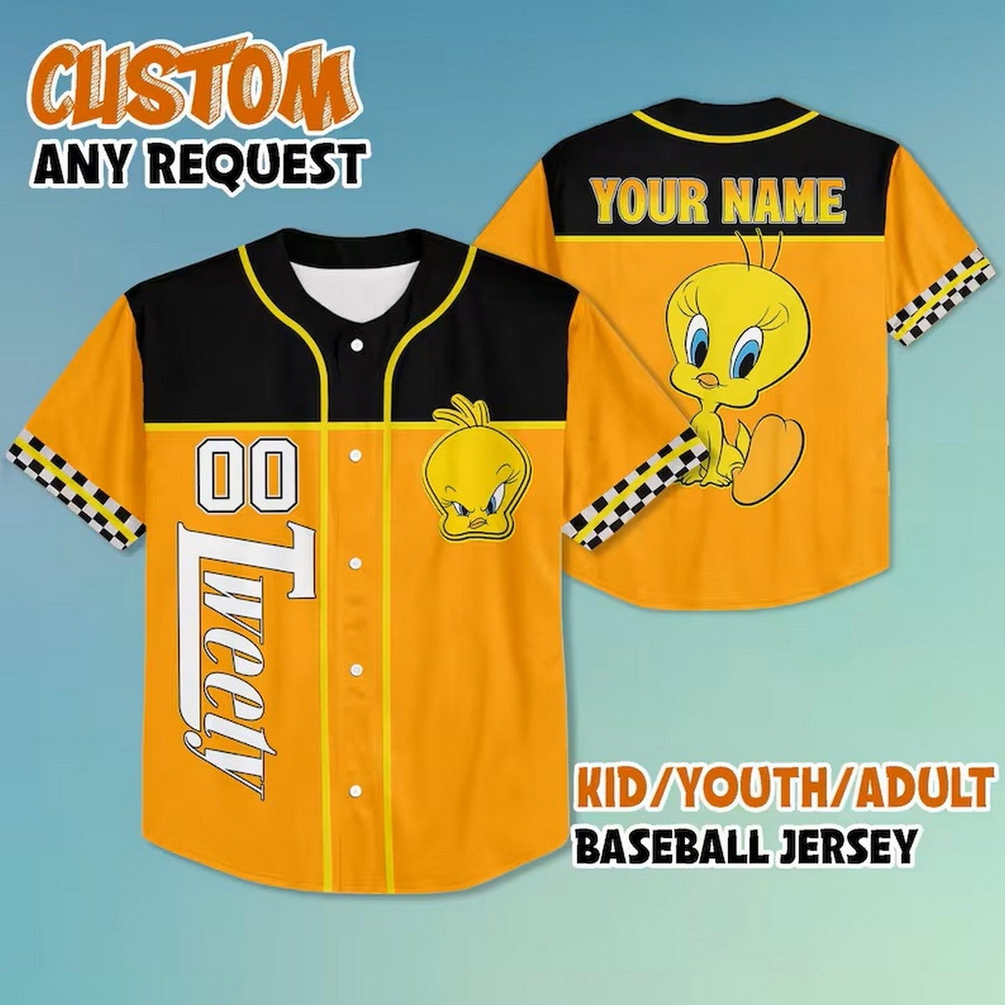 Custom Name And Number Tweety Looney Tunes Black Yellow Baseball Jersey