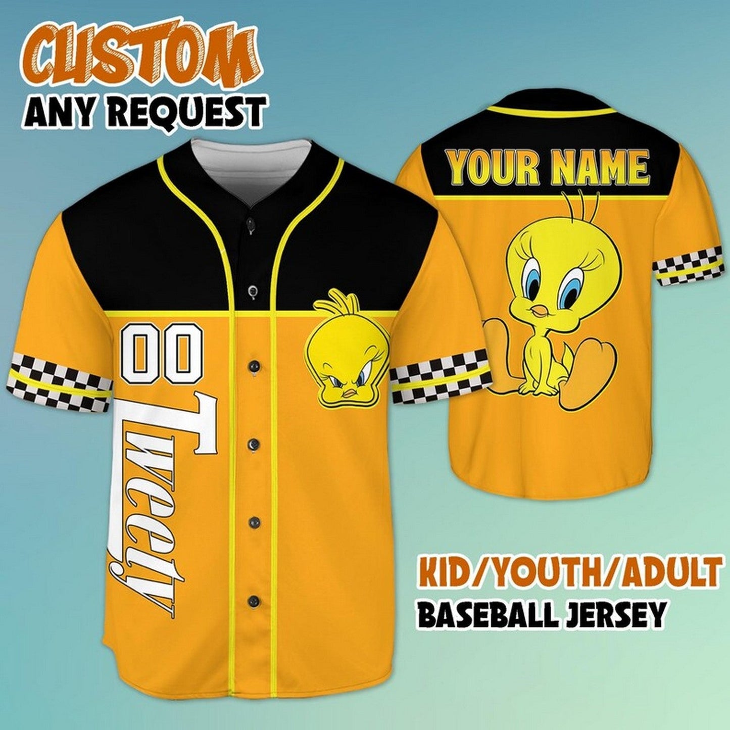 Custom Name And Number Tweety Looney Tunes Black Yellow Baseball Jersey