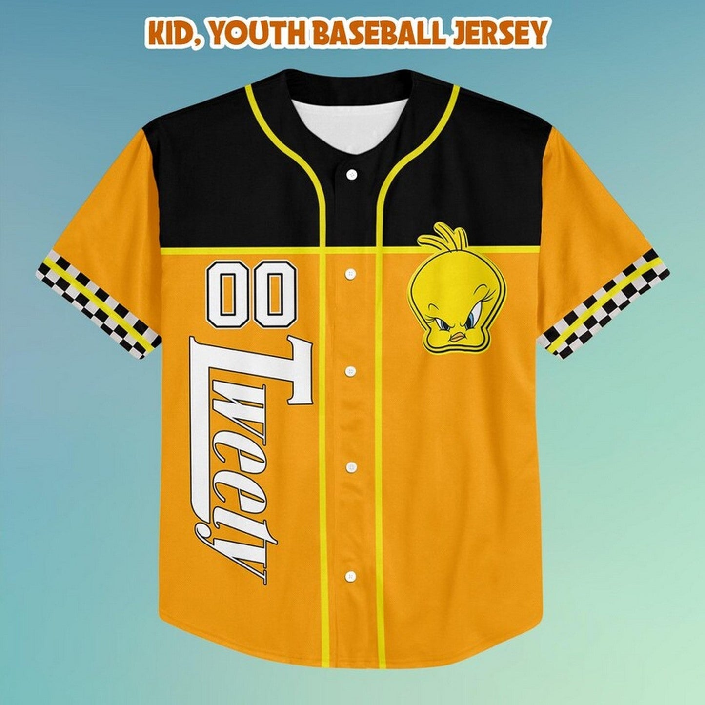 Custom Name And Number Tweety Looney Tunes Black Yellow Baseball Jersey