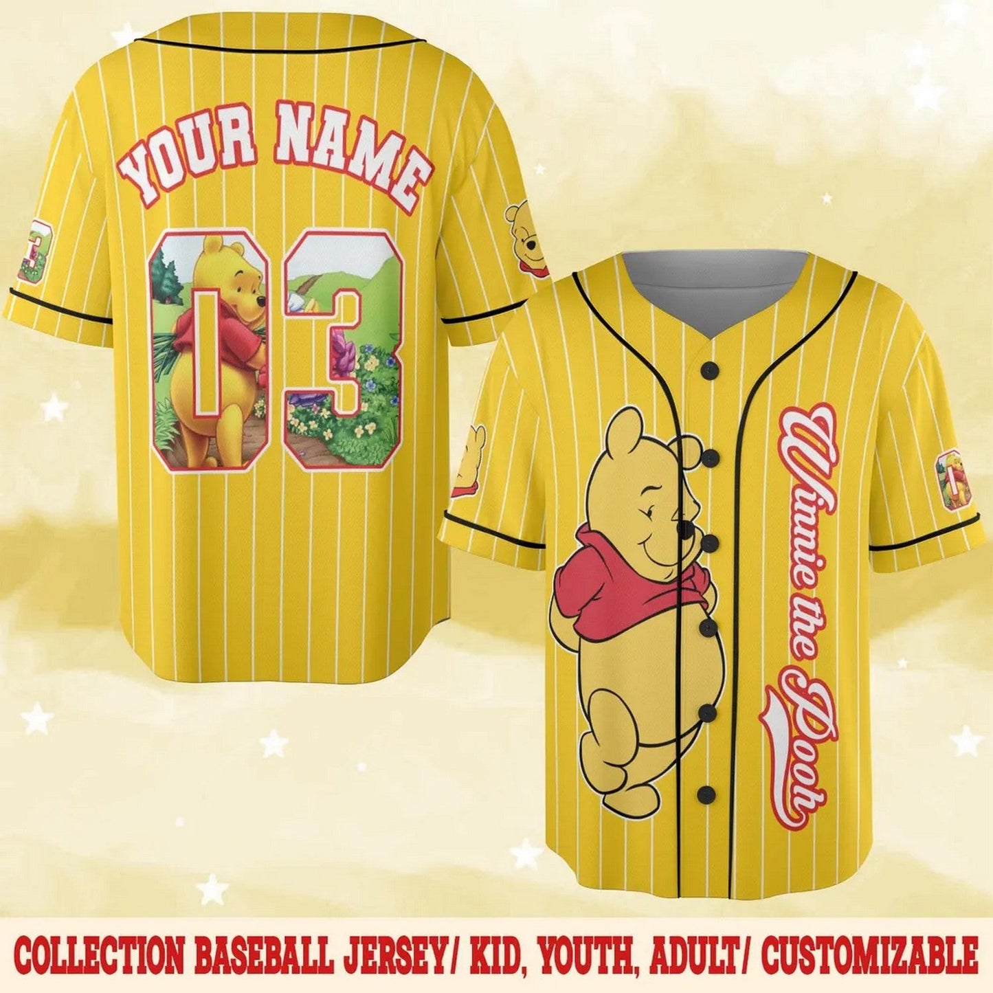 Custom Name And Number Winnie The Pooh Bear Yellow Baseball Jersey
