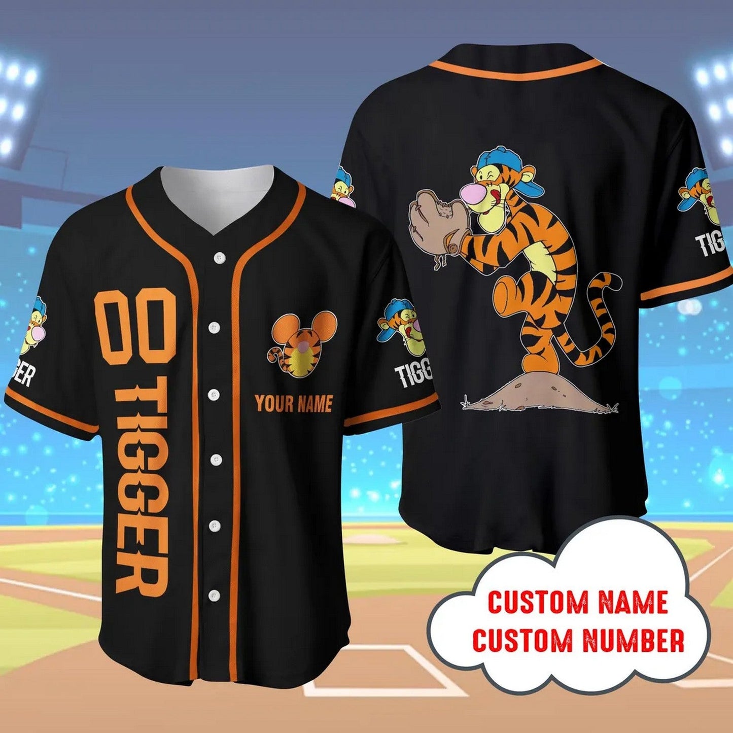 Custom Name And Number Winnie The Pooh Tigger Black Baseball Jersey